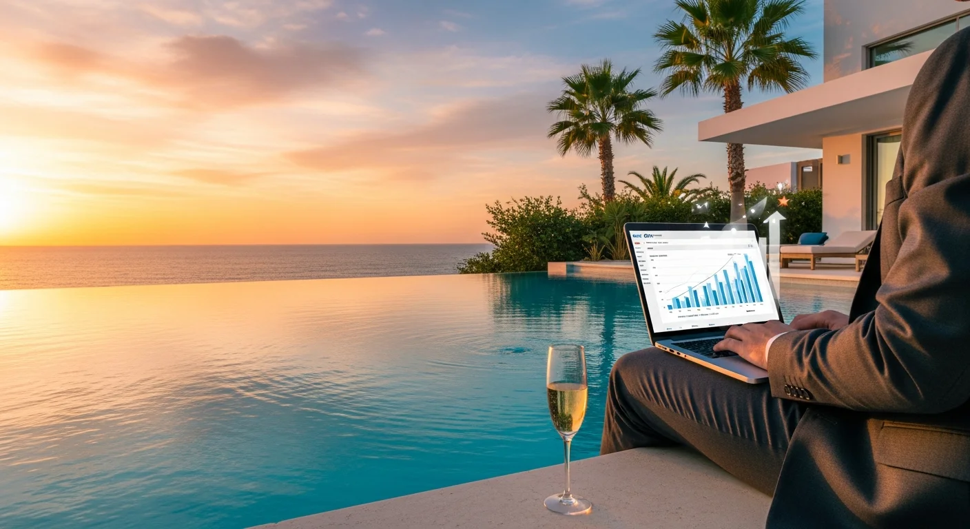 Entrepreneur working poolside at a luxury villa overlooking the ocean at sunset